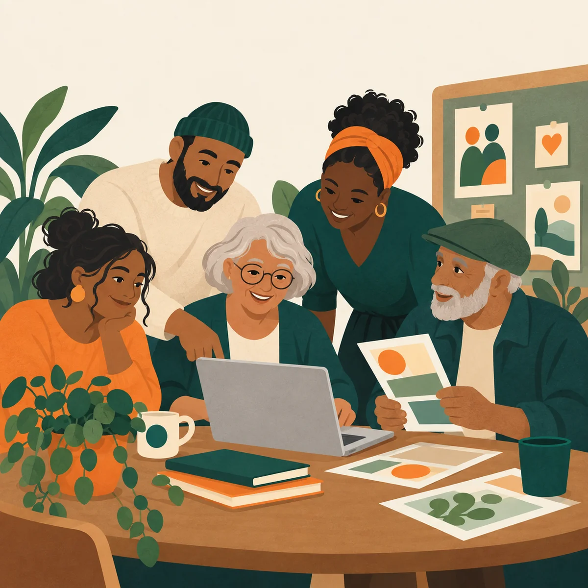 Illustration of people planning together around a community table.